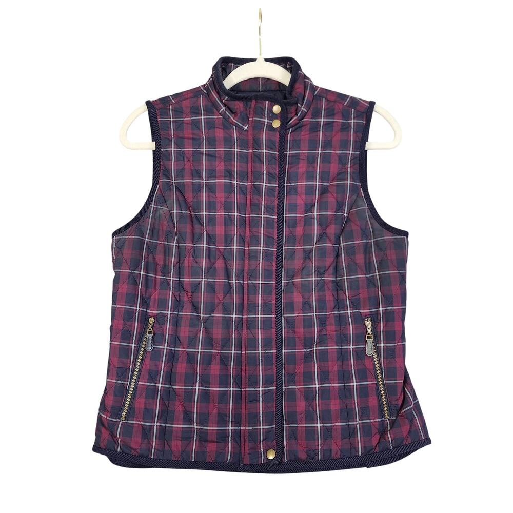 Talbots Womens Quilted Plaid Vest Size Small Petite Red Navy Full Zip Snap Front